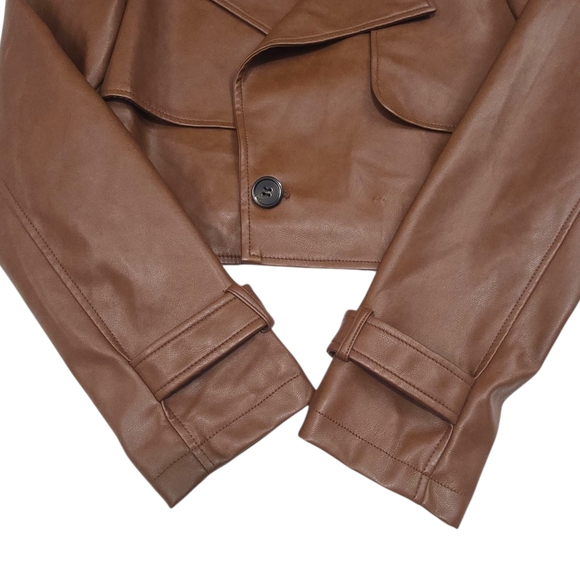 7 For All Mankind Cognac Brown Faux Leather Cropped Moto Jacket S Quiet Luxury - Picture 9 of 15